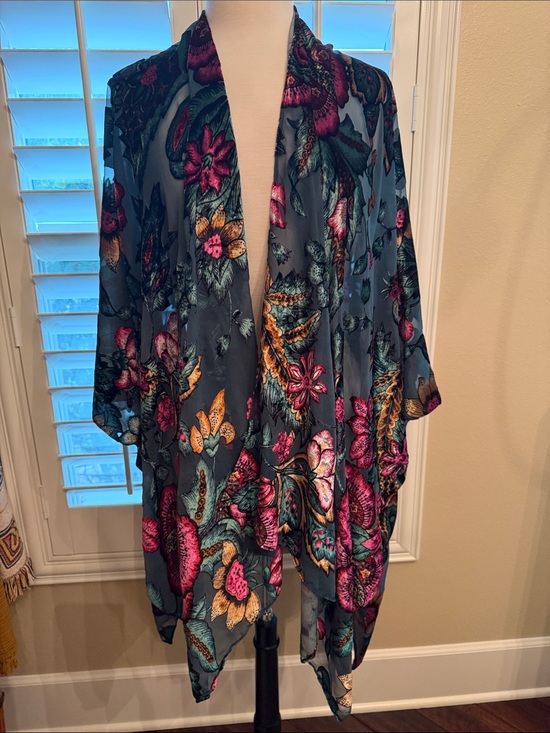 Cost Plus World Market Jackets & Blazers - Cost Plus World Market Teal Floral Sheer Velvet Kimono O/S